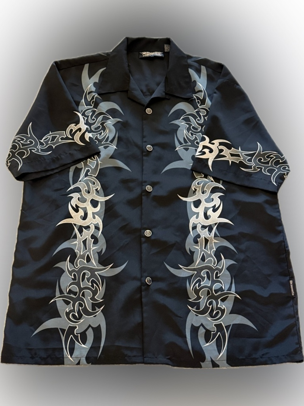 Dragonfly Tribal Button Up Shirt Mens L Black Y2K Gothic Flame EUC